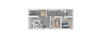 A top-down view of a small apartment with a living room, kitchen, and bathroom.