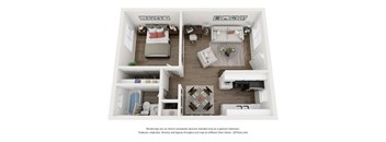 A 3D floor plan of a two-bedroom apartment with a living room, kitchen, and bathroom.