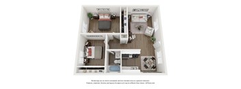 A floor plan of a two-bedroom apartment with a living room, kitchen, and bathroom.