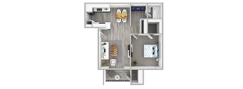 A top-down view of a small apartment with a kitchen, living room, and bedroom.