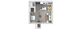 A floor plan of a small apartment with a kitchen, living room, and bathroom.