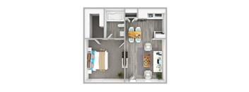 A top-down view of a small apartment with a kitchen, living room, and bathroom.