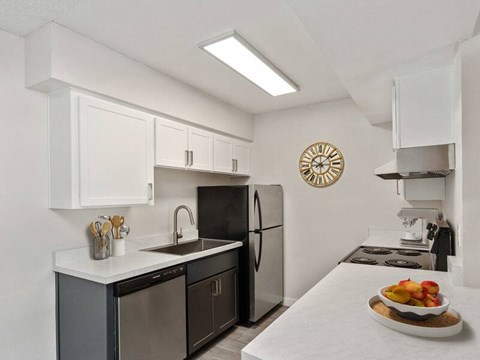 A kitchen with a black refrigerator and a white countertop.