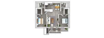 A top-down view of a small apartment with a kitchen, living room, and bathroom.