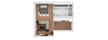 A top-down view of a modern bedroom with a fireplace and a kitchen area.