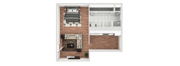 A top-down view of a modern living room with a fireplace and a kitchen area.