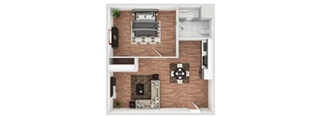 A top-down view of a bedroom with a bed, a couch, a fireplace, and a kitchen area.