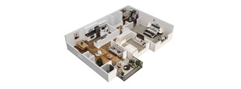 A 3D floor plan of a house with a living room, kitchen, dining room, and bedrooms.