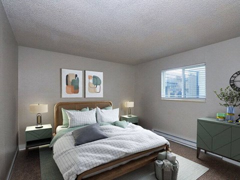 A bedroom with a bed, nightstands, and a window.