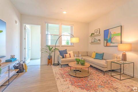 A living room with a couch, a coffee table, and a rug.