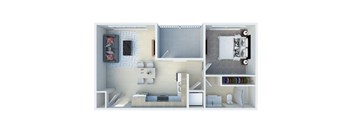 A 3D image of a small apartment with a bedroom, living room, and kitchen.