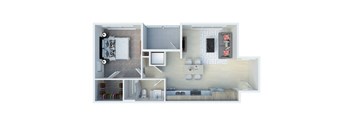 A floor plan of a small apartment with a bedroom, living room, and kitchen.