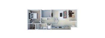 A floor plan of a small apartment with a bedroom, living room, and kitchen.
