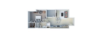A white and grey floor plan of a house with a kitchen, living room, and bedrooms.