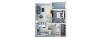 A 3D floor plan of a small apartment with a kitchen, living room, and bathroom.