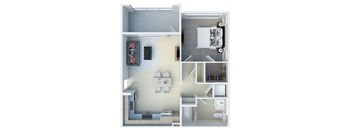 A 3D floor plan of a small apartment with a kitchen, living room, and bedroom.