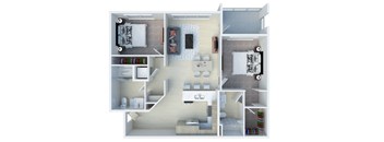 A 3D floor plan of a house showing a kitchen, living room, and two bedrooms.