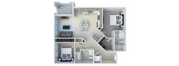 A floor plan of a house with a kitchen, living room, and two bedrooms.