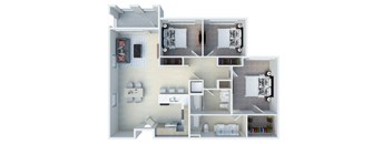 A 3D floor plan of a house with a kitchen, living room, and bedrooms.
