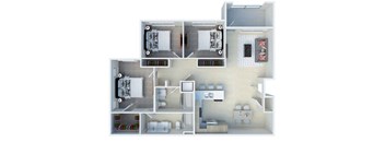 A floor plan of a small apartment with a kitchen, living room, and bedrooms.