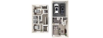 A diagram shows a two-story apartment with a garage for two cars.