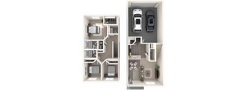 A floor plan of a house with two bedrooms, a living room, a kitchen, and a garage.
