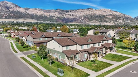 A row of houses with a mountain in the background.