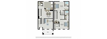 A floor plan of an apartment with a living room, dining room, kitchen, and three bedrooms.
