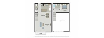 A floor plan of an apartment with a living room, dining room, bedroom, and balcony.