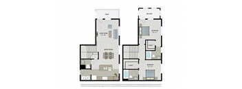 A floor plan of an apartment with two bedrooms, a living room, a dining room, and a balcony.