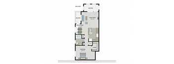 A floor plan of a two-story home with a living room, dining room, bedroom, and bathroom.
