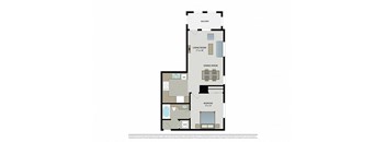 A floor plan of an apartment with a living room, dining room, kitchen, and bedroom.