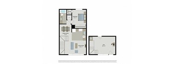 A floor plan of a small apartment with a living room, dining room, bedroom, and kitchen.