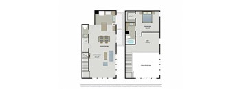 A floor plan of a two-story home with a living room, dining room, bedroom, and bathroom.