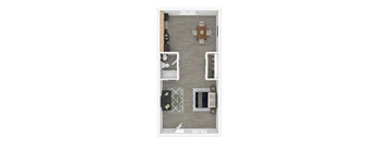 A top-down view of a small apartment with a kitchen, living room, and bathroom.