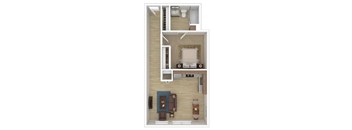 A floor plan of a small apartment with a living room, kitchen, and bedroom.