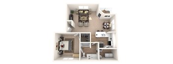 A 3D floor plan of a small apartment with a kitchen, living room, and bathroom.