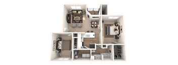 A 3D floor plan of a house with a kitchen, living room, and two bedrooms.