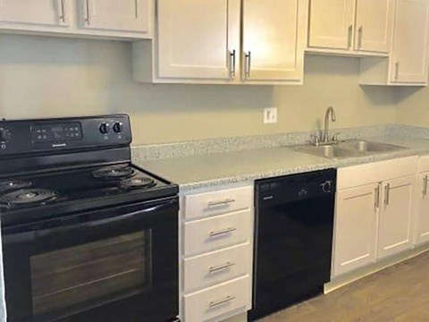 A black stove and oven in a kitchen with white cabinets.
