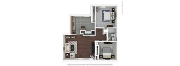 A floor plan of a small apartment with a kitchen, living room, and bathroom.