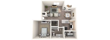 A 3D floor plan of a small apartment with a kitchen, living room, and bathroom.