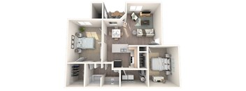 A 3D floor plan of a small apartment with a kitchen, living room, and bedroom.