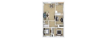 A top-down view of a small apartment with a kitchen, living room, and bedroom.