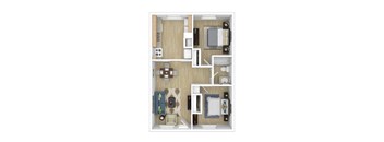 A floor plan of a small apartment with a kitchen, living room, and bedroom.