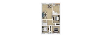 A top-down view of a small apartment layout with a kitchen, living room, and bathroom.