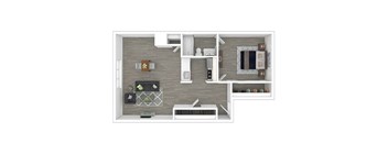 A top-down view of a modern apartment layout with a kitchen, living room, and bathroom.