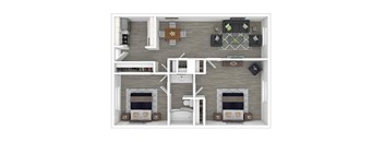 A floor plan of a house with two fireplaces and a kitchen area.