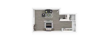 A drawing of a living room with a fireplace and a television.