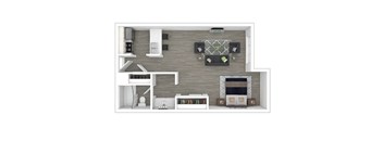 A top down view of a living room with a fireplace and a kitchen area.