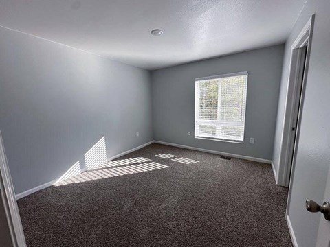 A room with a carpeted floor and a window with blinds.
